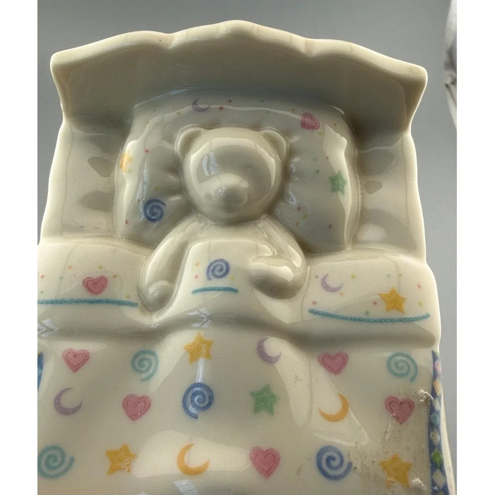 Vintage Lenox Music Box Bears Heirloom Teddy Bear in Bed Plays Brahms Lullaby 5